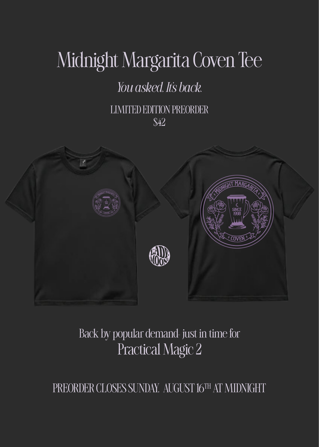 Promotional graphic for a Midnight Margarita Coven Tee preorder, showing front and back views of a black t-shirt with purple circular graphics on a dark gray background.